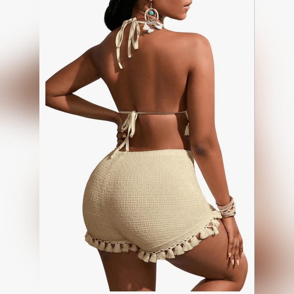 Women's 2 Piece Outfits Tassel Trim Backless Halter Crop Top and Elastic Waist - Picture 2 of 6